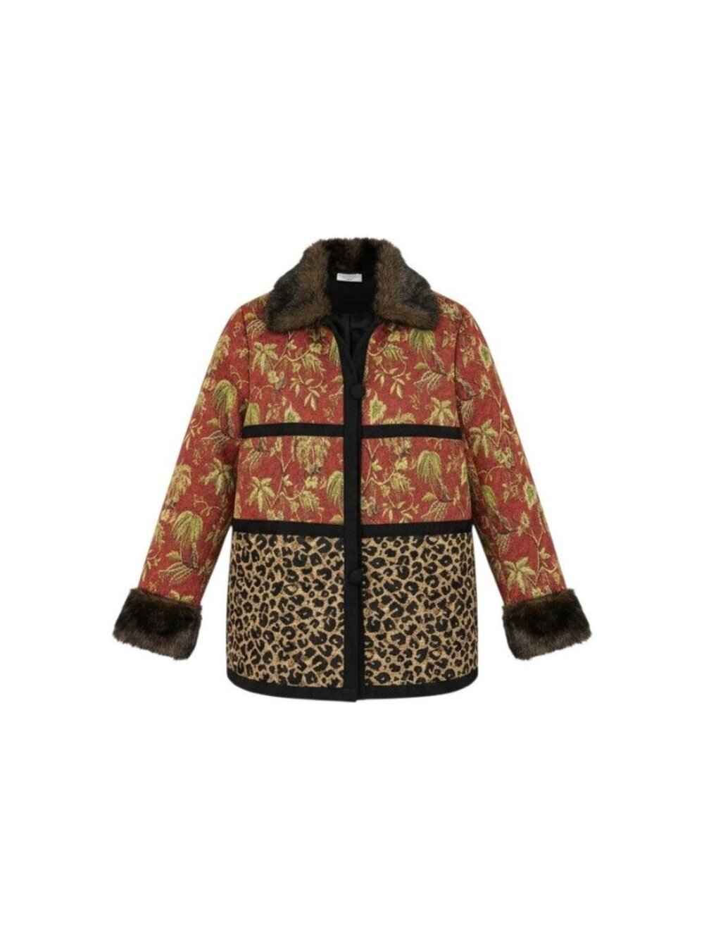 VTG Izabella's Journey & Faux Fur Jacket L/XL Red Floral & Leopard Print